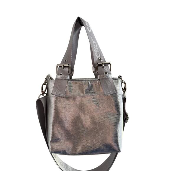 Betsey Johnson Silver Metallic Black Heart Handbag Purse - Picture 2 of 6